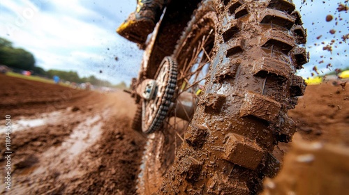 creative shot of motocross bike wheels caked with mud textures detailed with track blurred photo