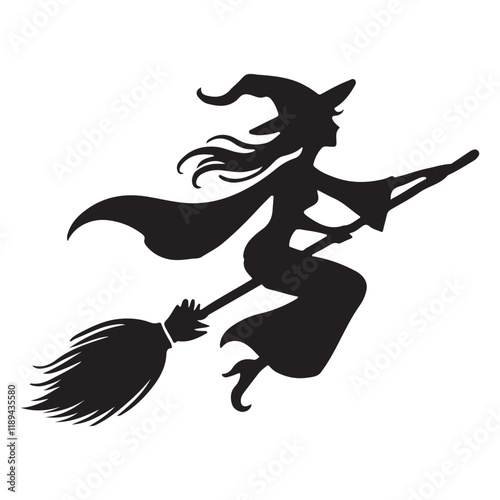 Halloween Witch Flying on Broom Silhouette Art
