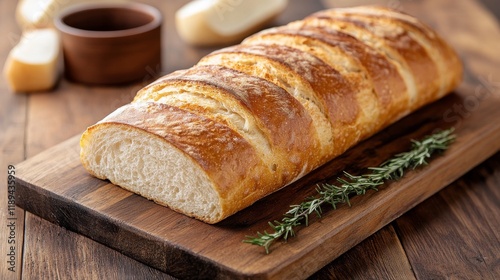 Freshly baked artisan bread loaves cooling on a wooden board in a cozy kitchen