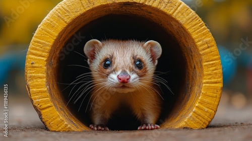 Cute small animal emerging from colorful tube in natural setting during dayli...