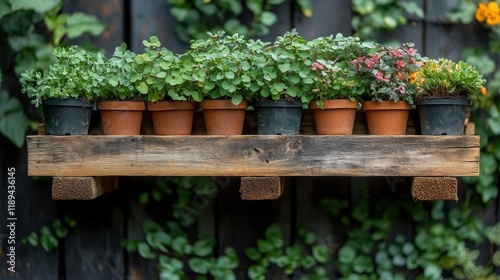 Potted herbs on a wooden shelf against a backdrop of greenery in a garden set...