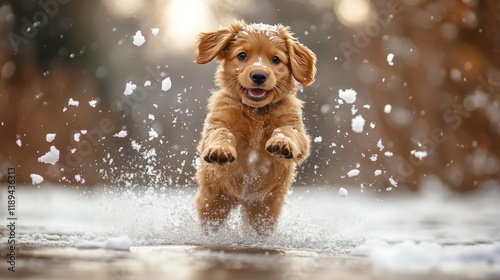 Golden retriever puppy joyfully running in the snow during winter sunset