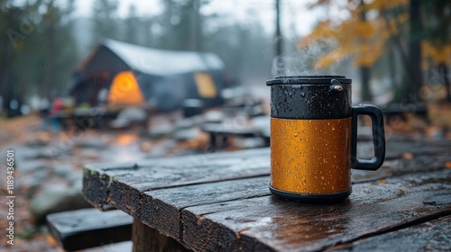 Yellow camping mug on wooden stump surrounded by autumn leaves in forest setting