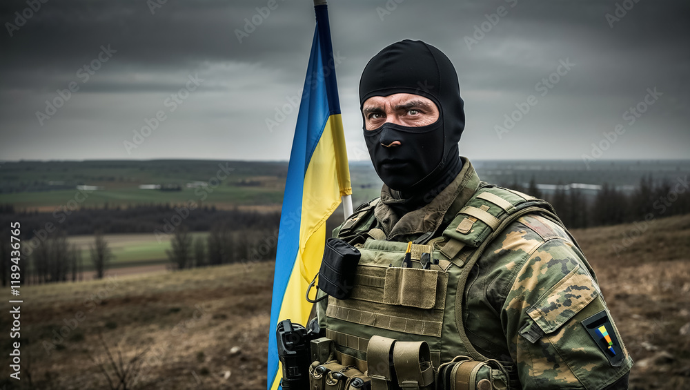 man in a military uniform with a Ukrainian flag man in a military uniform with a Ukrainian flag