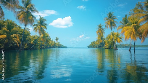Serene tropical landscape with blue water and palm trees under a clear sky
