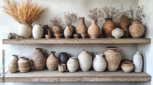Display of traditional pottery arranged on rustic shelves with dried flowers