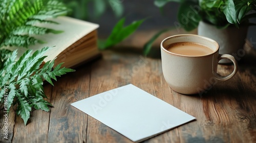 Cozy workspace with a cup of coffee and blank paper on a rustic wooden table ...