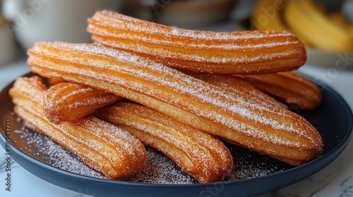 Delicious homemade churros dusted with sugar on a plate ready for enjoyment