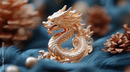 Exquisite golden dragon sculpture among textured fabrics and natural elements...