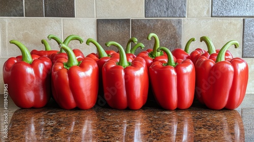 Freshly harvested green bell peppers arranged neatly on a kitchen counter