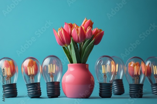 Bright pink tulips in a vase on a soft bedspread in a cozy room with warm sun...
