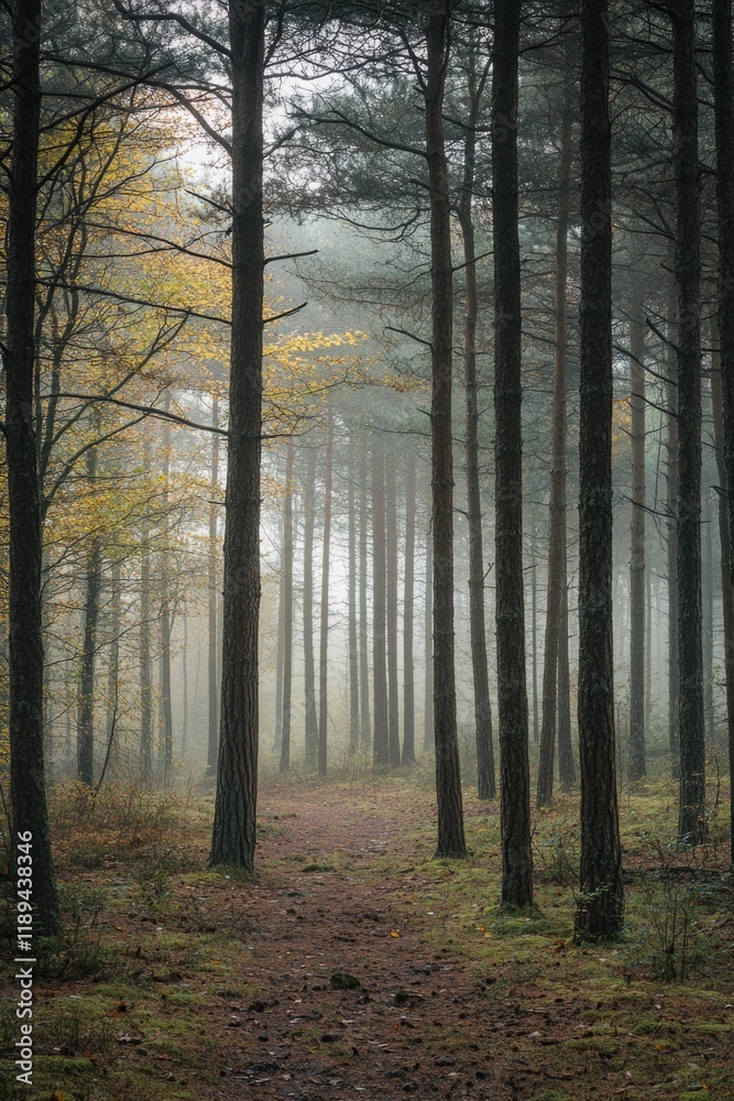 Fototapeta premium Forest with trees and a path. The trees are tall and the path is narrow