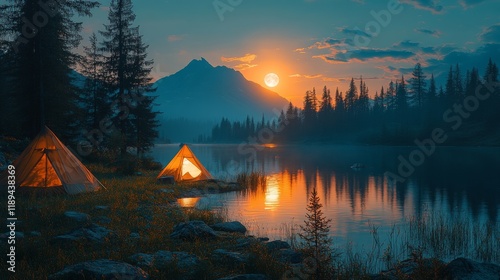 Sunset at a peaceful lakeside campsite surrounded by mountains and tall trees