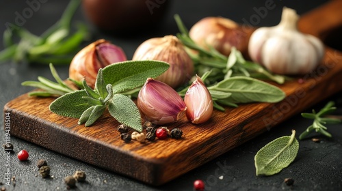 Fresh garlic and herbs arranged on a wooden board in a rustic setting