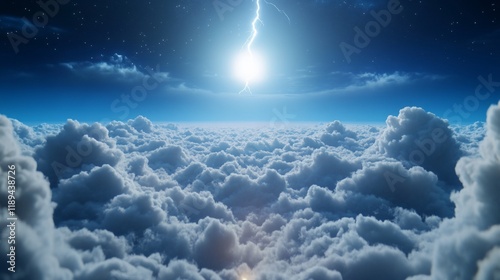 Night cloudscape, lightning strike, above clouds