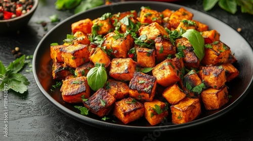 Delicious roasted butternut squash served with fresh herbs on a black plate