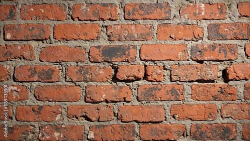 Weathered vintage brick fireplace with chipped red bricks black soot smudges and subtle shadows for rustic texture