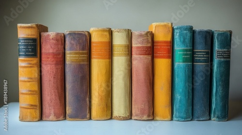 Vibrant color-coordinated books stacked in a library setting on a white table