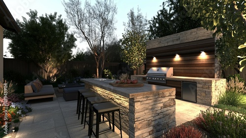 Serene Outdoor Kitchen: Stone, Wood, and Evening Light