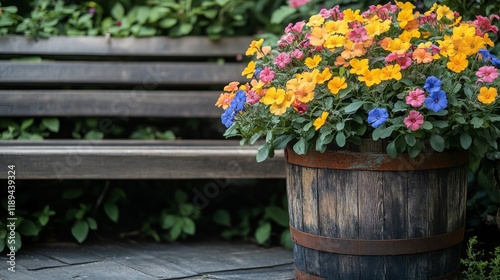 Vibrant flowers in a barrel planter enhance the garden bench area at a local park