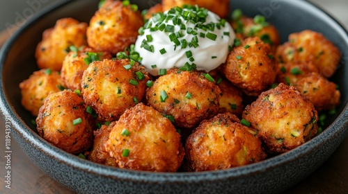 Crispy cheese balls served with creamy dip garnished with fresh herbs on a ru...