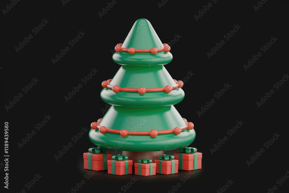 A stylized 3D rendering of a Christmas tree adorned with ornaments and surrounded by gifts. A stylized 3D rendering of a Christmas tree adorned with ornaments and surrounded by gifts.