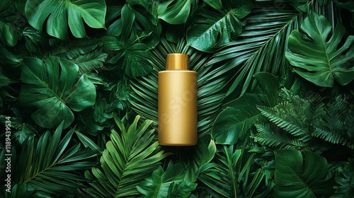 Golden lotion bottle surrounded by lush green leaves in a tropical setting