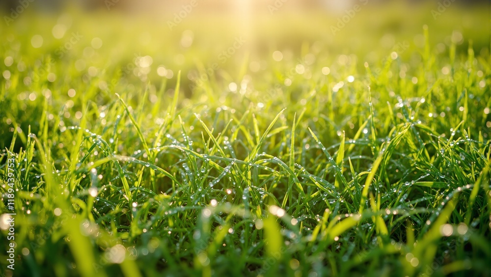 Vibrant dew covered grass blades reflecting sunlight in mini rainbows in the early morning Vibrant dew covered grass blades reflecting sunlight in mini rainbows in the early morning