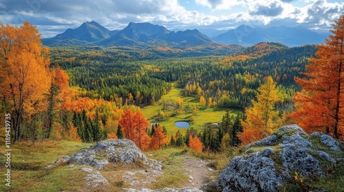 Scenic view from a rocky overlook in a mountainous region during golden hour ...