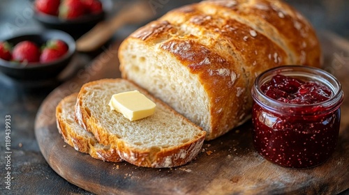 Freshly baked bread with butter and strawberry jam served on a rustic wooden ...