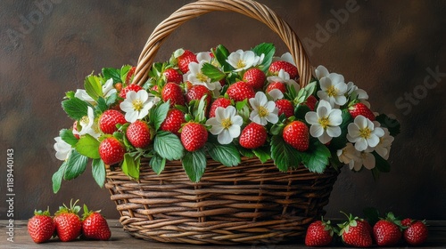 Vibrant floral arrangement in woven basket with assorted flowers and greenery...