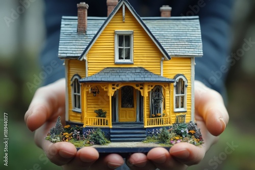 Miniature yellow house held in hands with intricate details and tiny trees