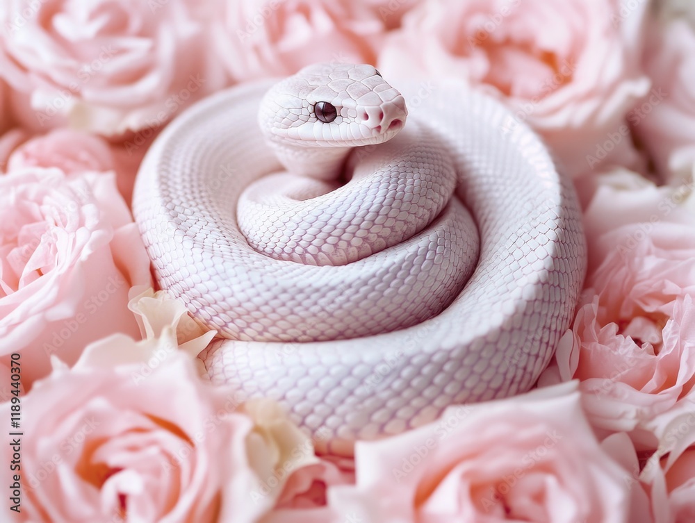 Fototapeta premium White snake is curled up on a bed of pink roses. Concept of calm and serenity, as the snake appears to be at peace in its natural habitat. The pink roses add a touch of romance