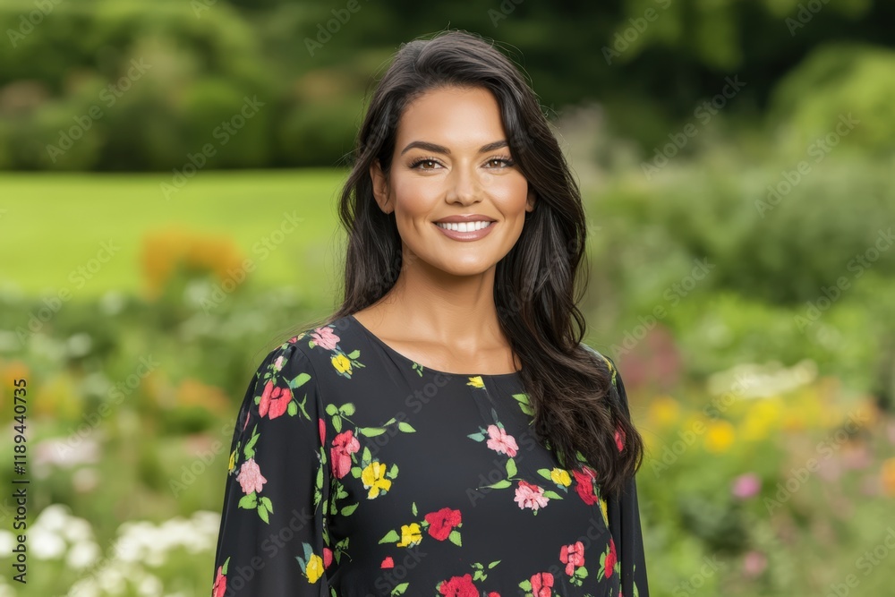 Smiling Latina woman in a floral black dress Smiling Latina woman in a floral black dress