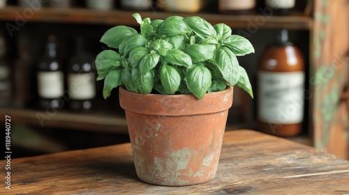 Fresh basil plant in a rustic terracotta pot displaying vibrant green leaves ...