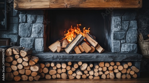 Cozy fireplace with stacked wood in a rustic cabin during winter