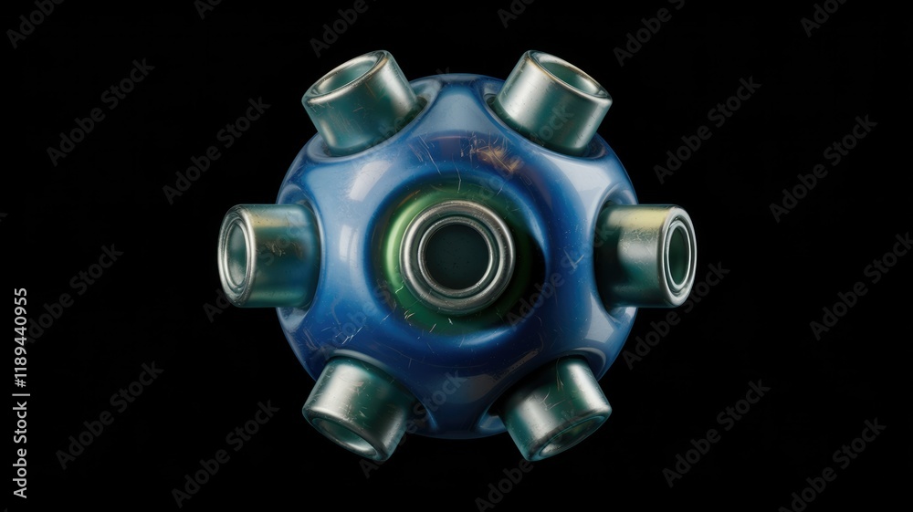 A futuristic, blue, metallic sphere with six cylindrical protrusions, possibly a technological device or weapon. A futuristic, blue, metallic sphere with six cylindrical protrusions, possibly a technological device or weapon.