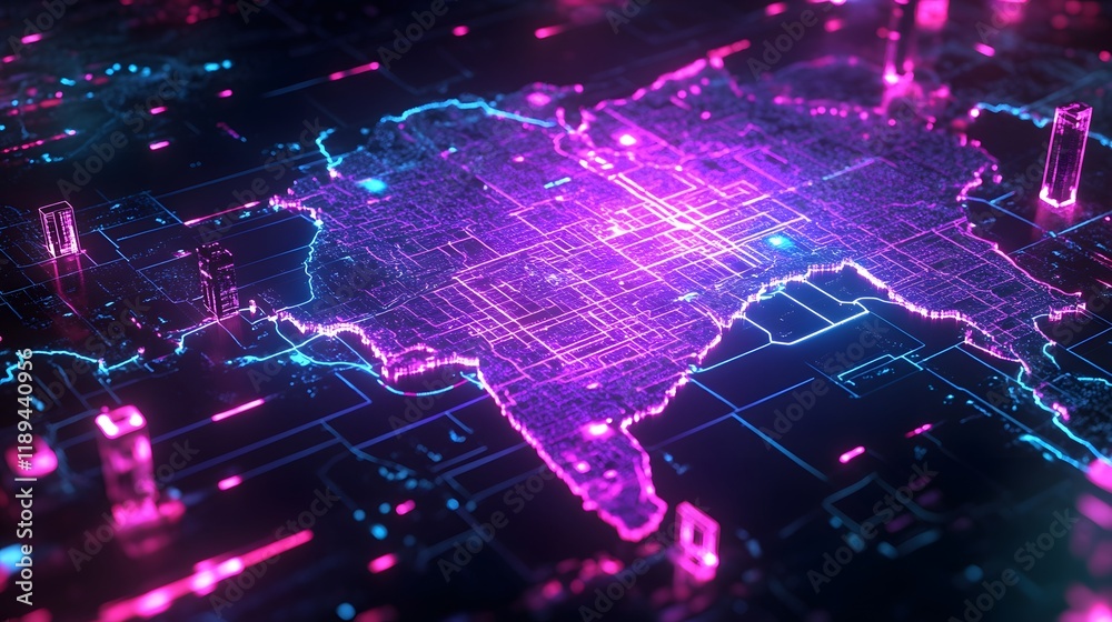 Glowing digital map, circuit board, city, network, data flow, technology, future, abstract, background, website Glowing digital map, circuit board, city, network, data flow, technology, future, abstract, background, website