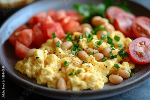 Scrambled eggs with beans and fresh vegetables served on a plate