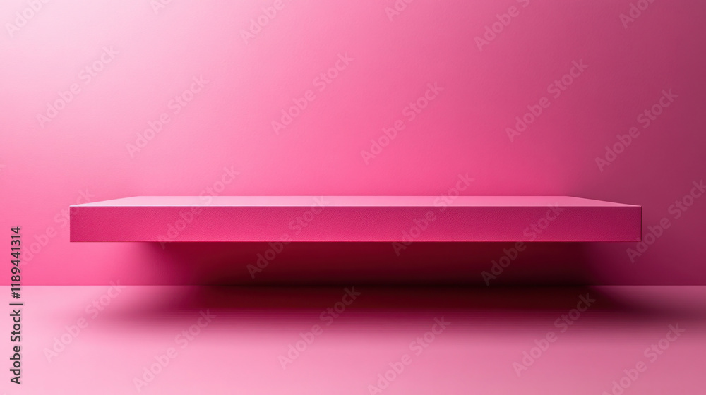 A sleek, minimalistic pink display shelf suspended against a matching pink wall, creating a vibrant and modern aesthetic. A sleek, minimalistic pink display shelf suspended against a matching pink wall, creating a vibrant and modern aesthetic.