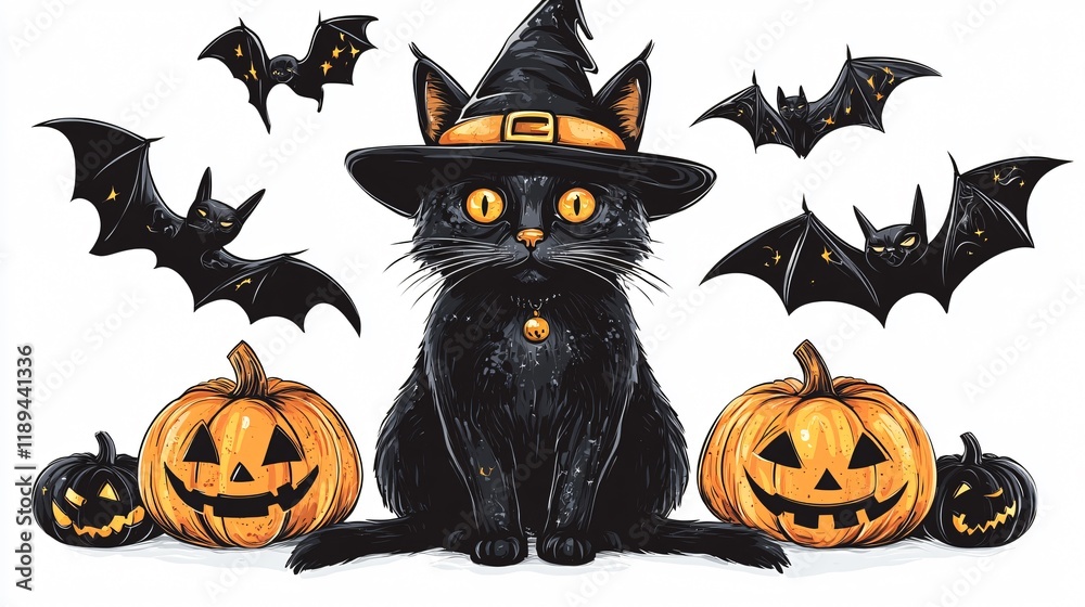 Spooky Black Cat in Hat with Pumpkin and Bats on Grated Background Spooky Black Cat in Hat with Pumpkin and Bats on Grated Background
