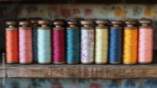 Various spools of colorful thread arranged neatly on a wooden surface for cra...