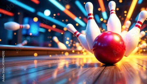 Vibrant red bowling ball striking white pins in dynamic action
