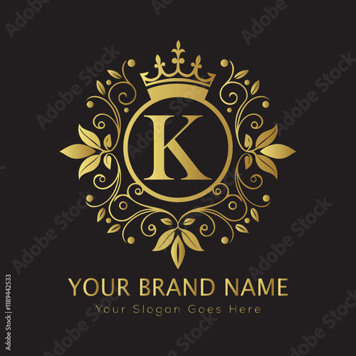 Letter Luxury brand logo design with a royal gold crown emblem and elegant typography
