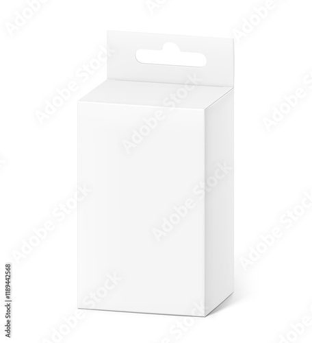 Hanging packaging box mockup for electronic and mobile accessories. Half side view. Vector illustration isolated on white background. Ready and simple to use for your design. EPS10.