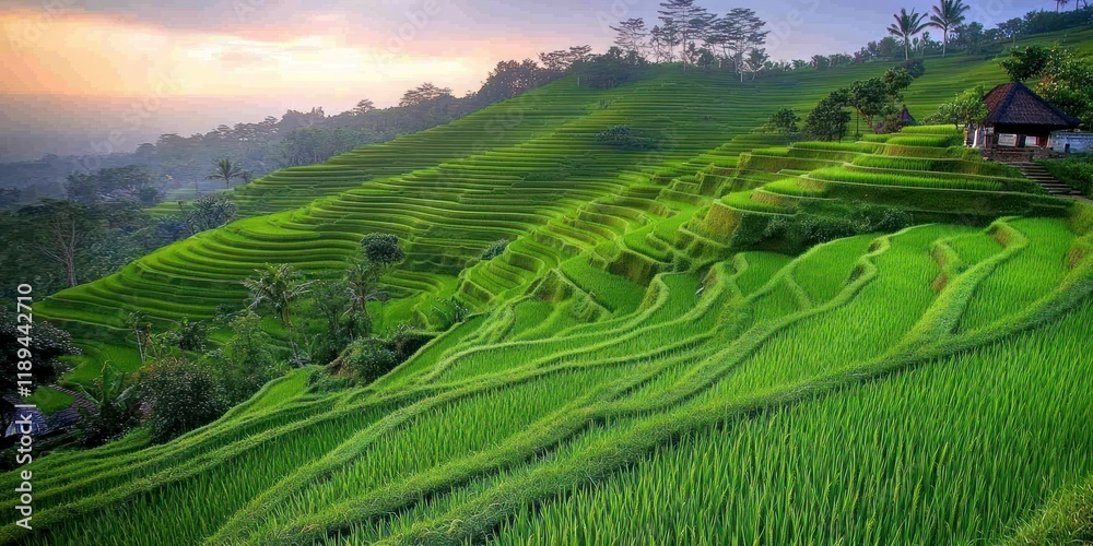 Fototapeta premium Lush green rice terraces at sunrise; idyllic rural landscape; perfect for travel brochures