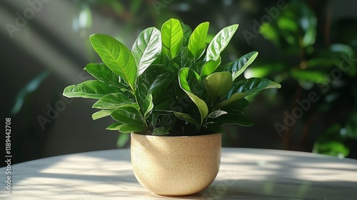 Lush green plant in a modern pot basking in sunlight by the window during aft...