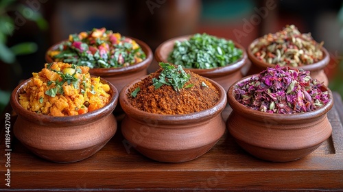 Discover the vibrant spices and herbs displayed in traditional clay pots at a...