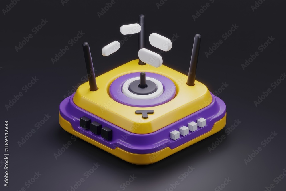 A stylized 3D render of a wireless router emitting signal waves, vibrant yellow and purple. A stylized 3D render of a wireless router emitting signal waves, vibrant yellow and purple.