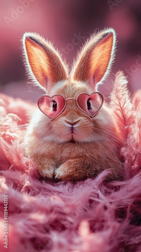 Cute rabbit wearing heart-shaped sunglasses relaxes on pink fluffy background...